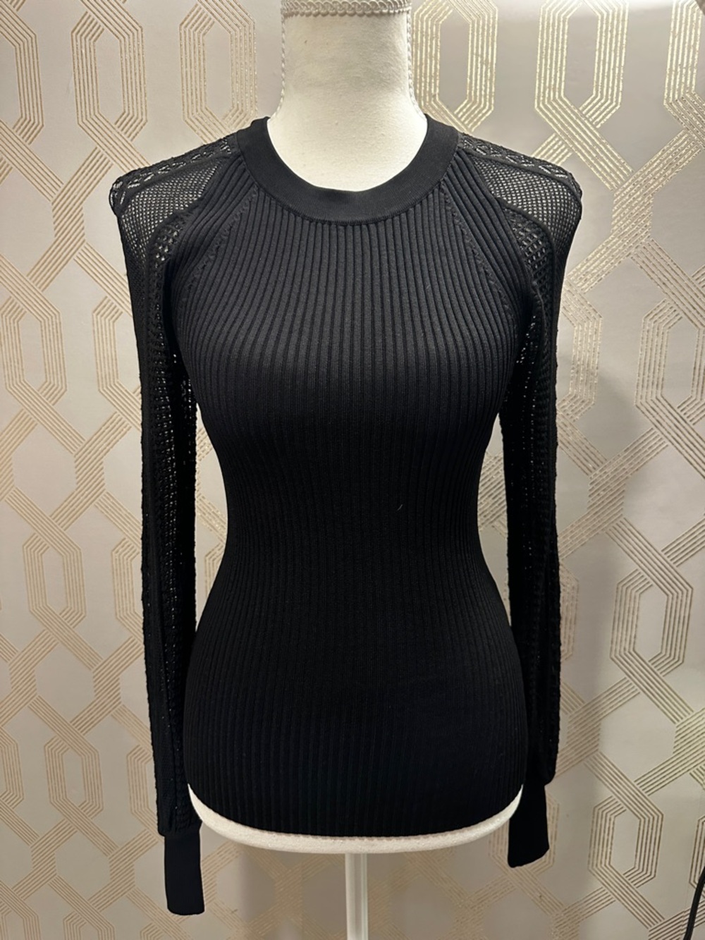 White House Black Market Black Ribbed Knit Top with Sheer Mesh Sleeves